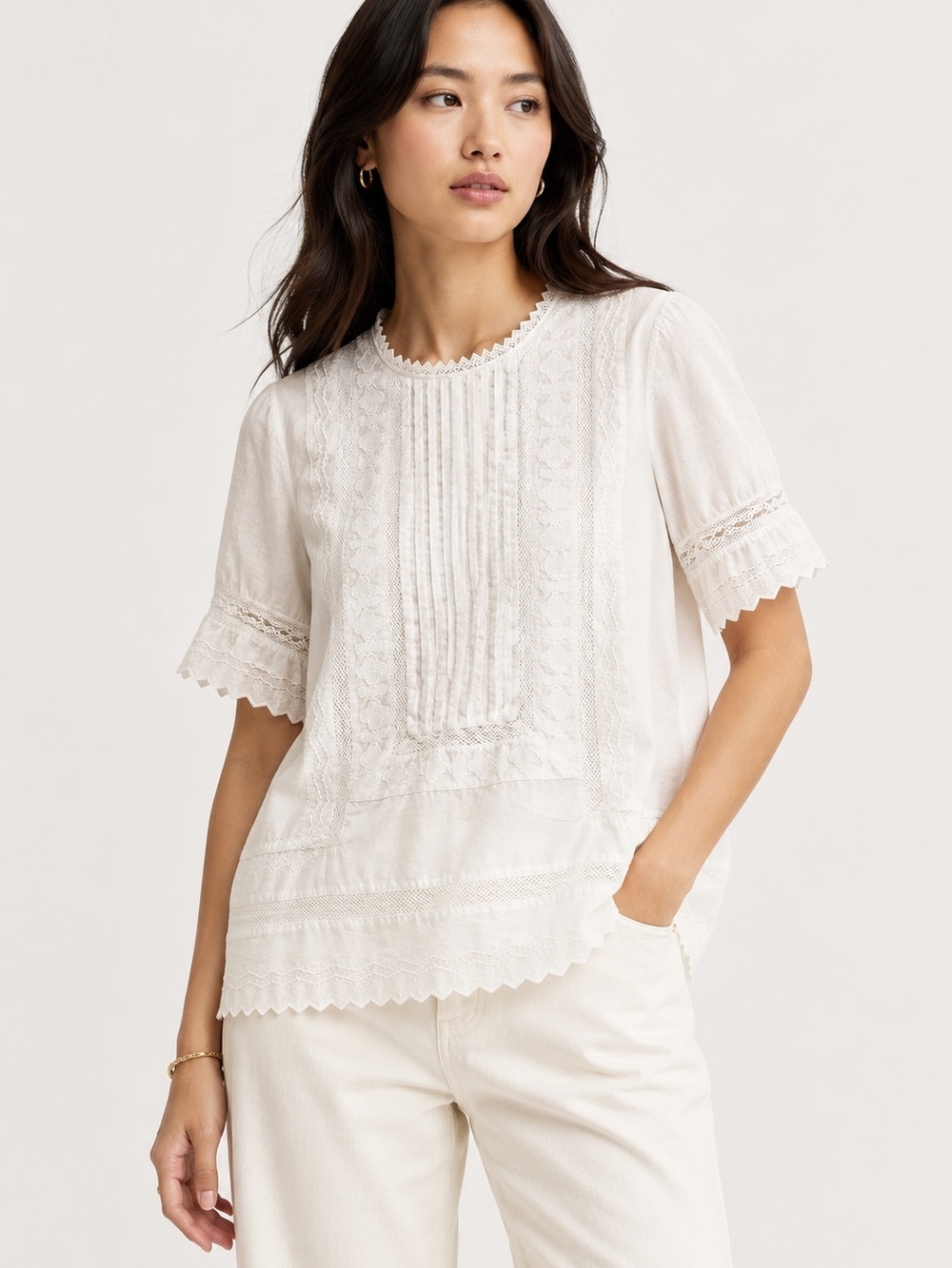 Scalpers White Cotton Ruffle Blouse Pintuck Eyelet Embroidered Top M